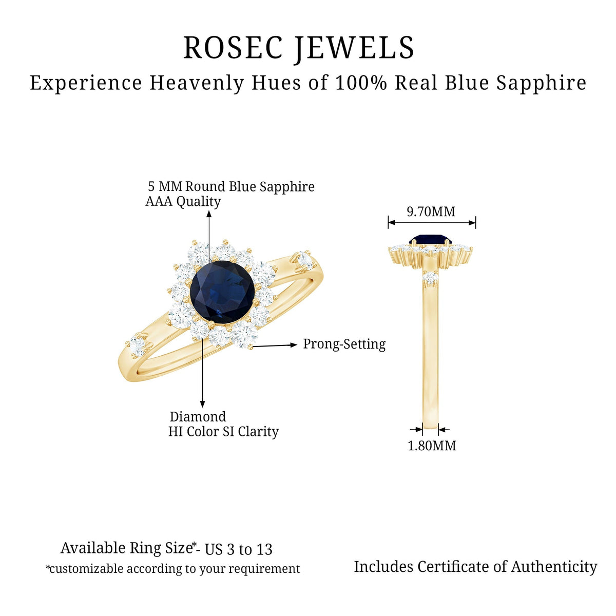 Blue Sapphire Engagement Ring, Natural 0.9 Carat Diamond Halo