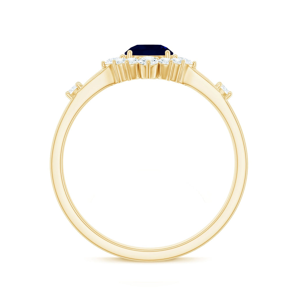 Blue Sapphire Engagement Ring, Natural 0.9 Carat Diamond Halo