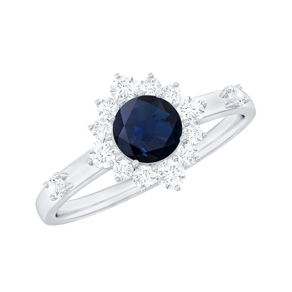 Blue Sapphire Engagement Ring, Natural 0.9 Carat Diamond Halo