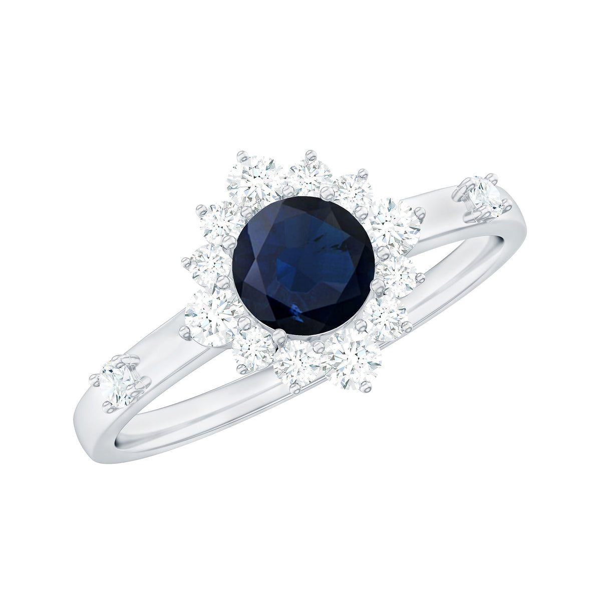 Blue Sapphire Engagement Ring, Natural 0.9 Carat Diamond Halo