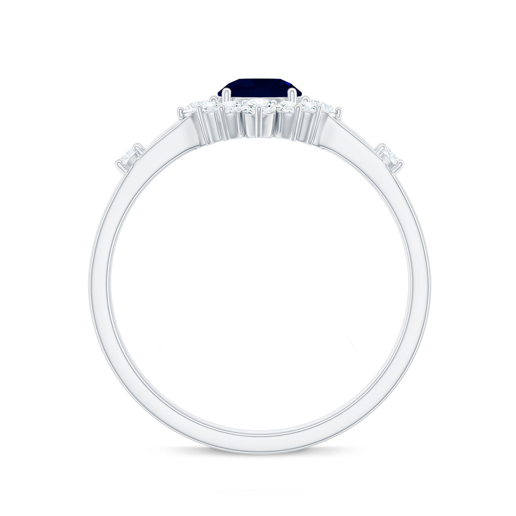 Blue Sapphire Engagement Ring, Natural 0.9 Carat Diamond Halo