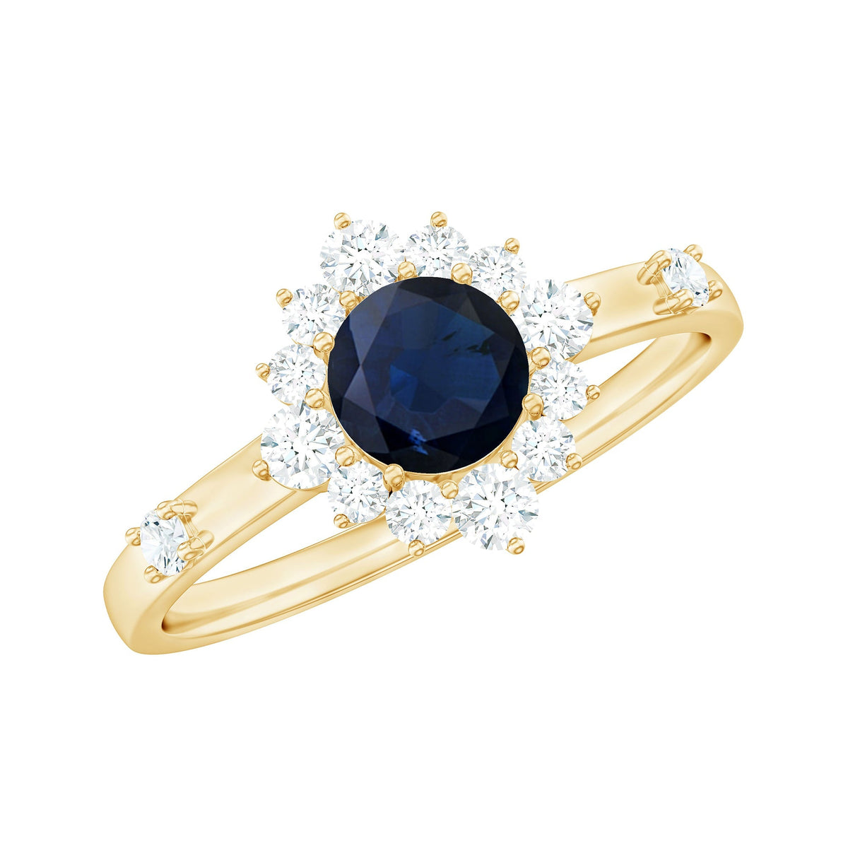 Blue Sapphire Engagement Ring, Natural 0.9 Carat Diamond Halo