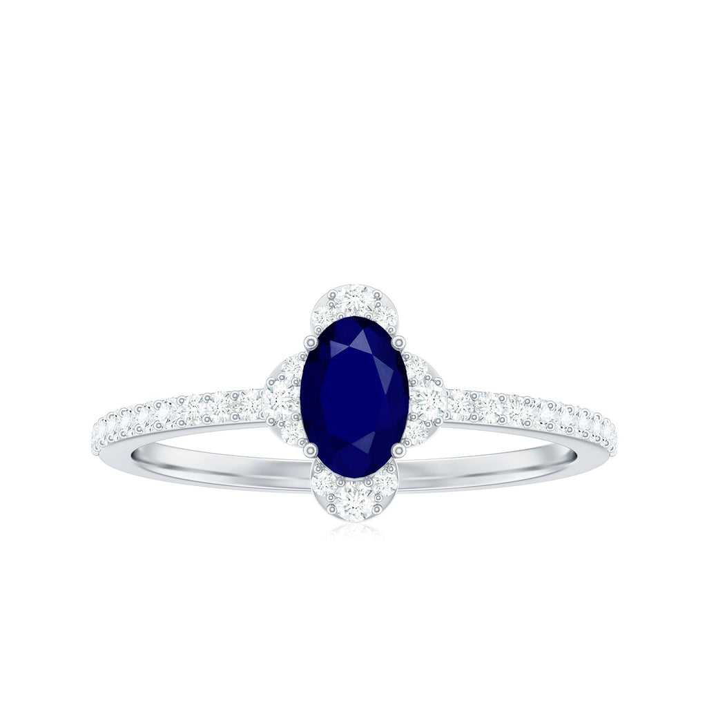 Blue Sapphire Engagement Ring, Oval Diamond Halo Ring