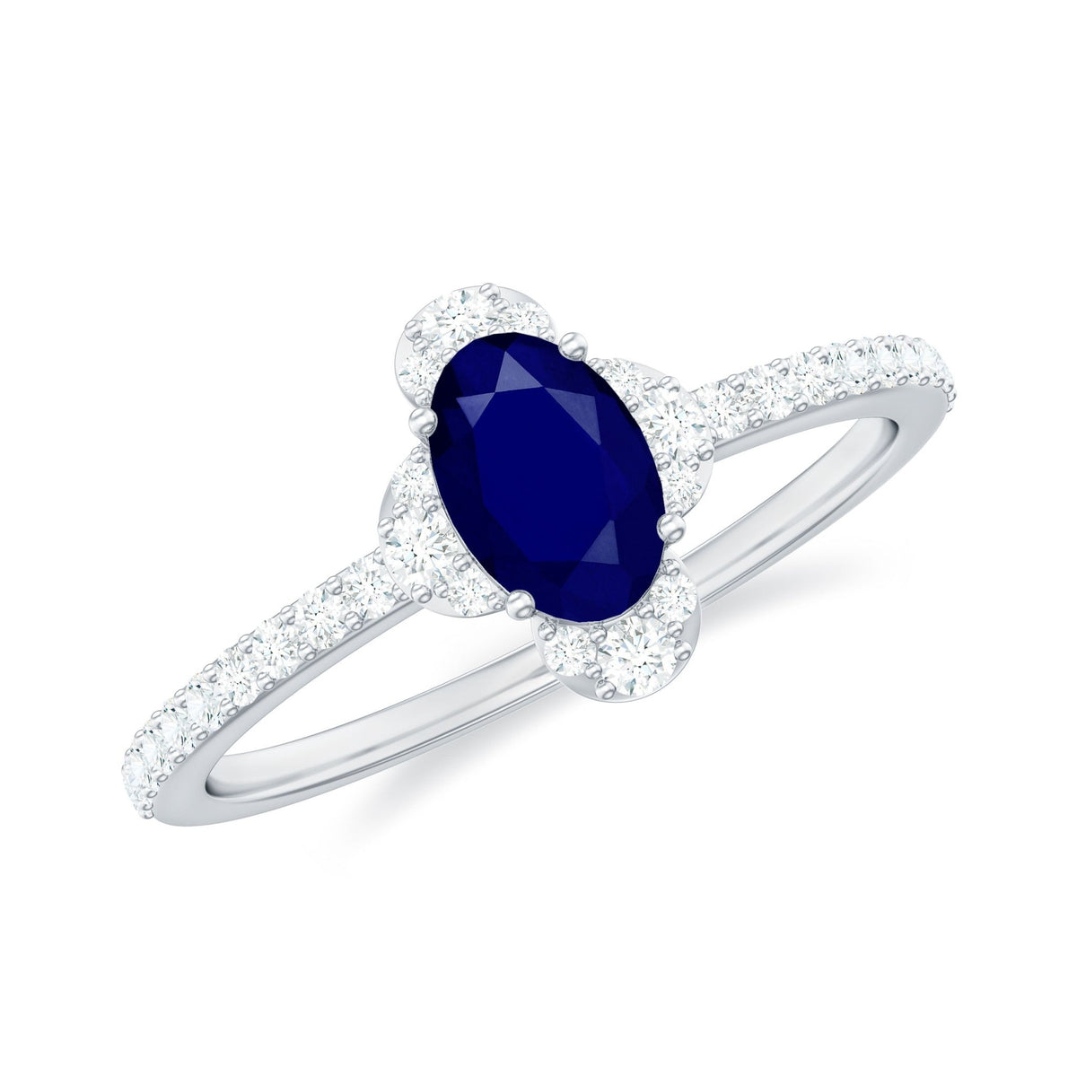 Blue Sapphire Engagement Ring, Oval Diamond Halo Ring