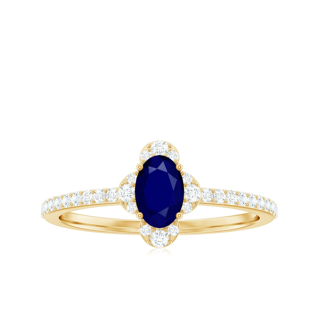 Blue Sapphire Engagement Ring, Oval Diamond Halo Ring