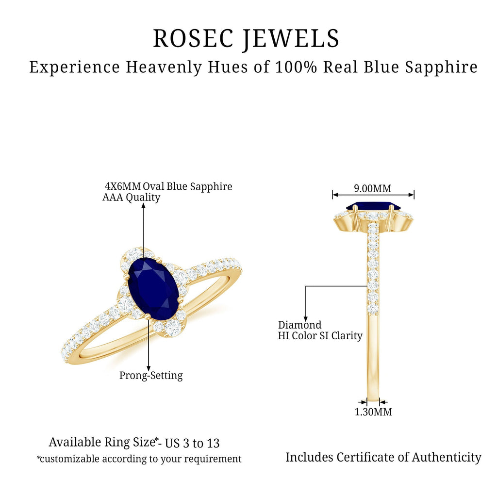 Blue Sapphire Engagement Ring, Oval Diamond Halo Ring