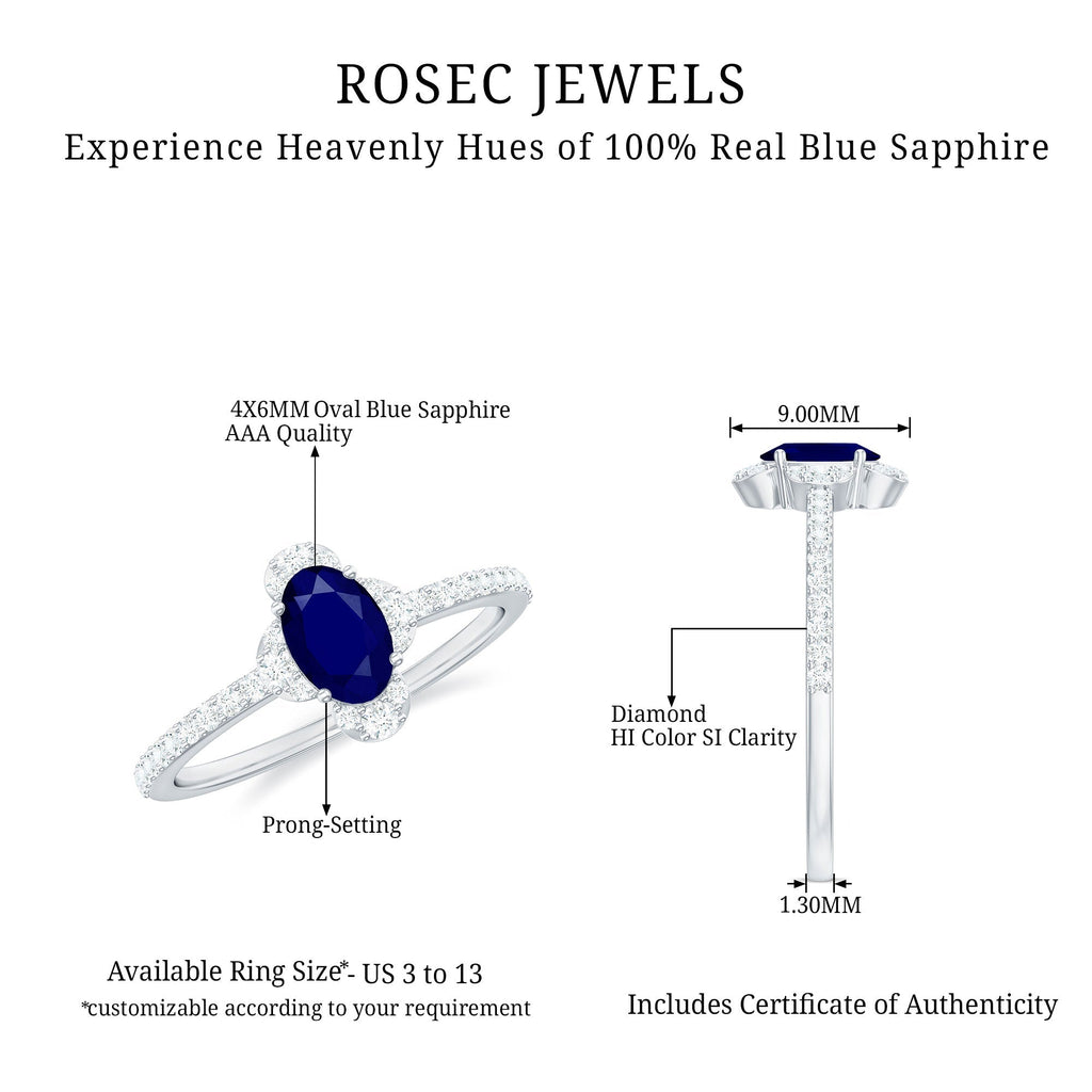 Blue Sapphire Engagement Ring, Oval Diamond Halo Ring