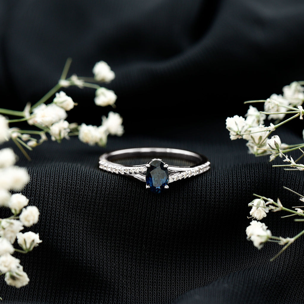 Blue Sapphire Engagement Ring Oval Split Shank Diamond Ring