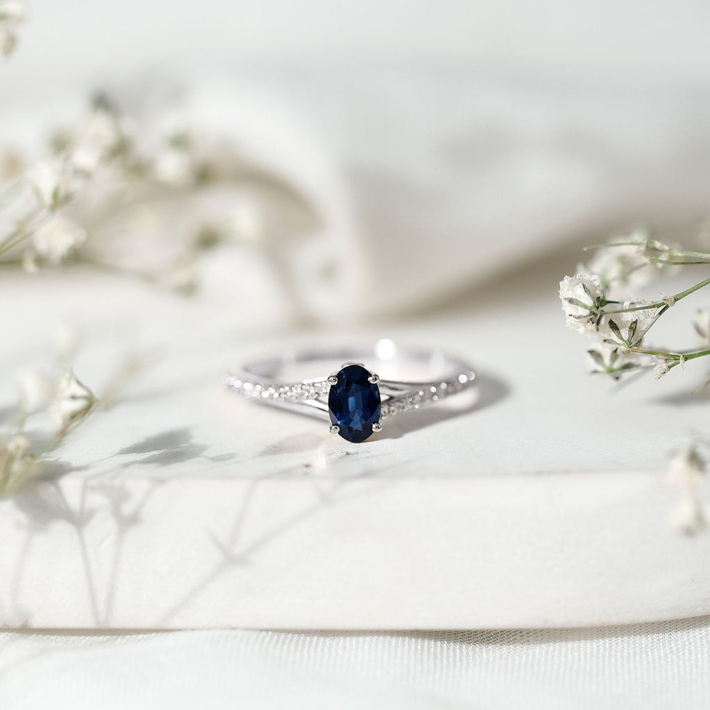 Blue Sapphire Engagement Ring Oval Split Shank Diamond Ring