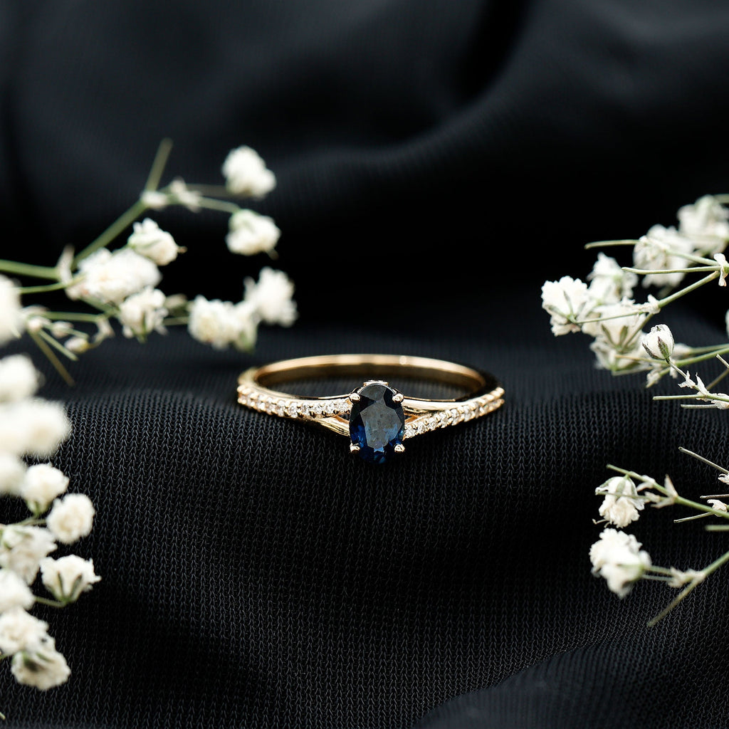 Blue Sapphire Engagement Ring Oval Split Shank Diamond Ring