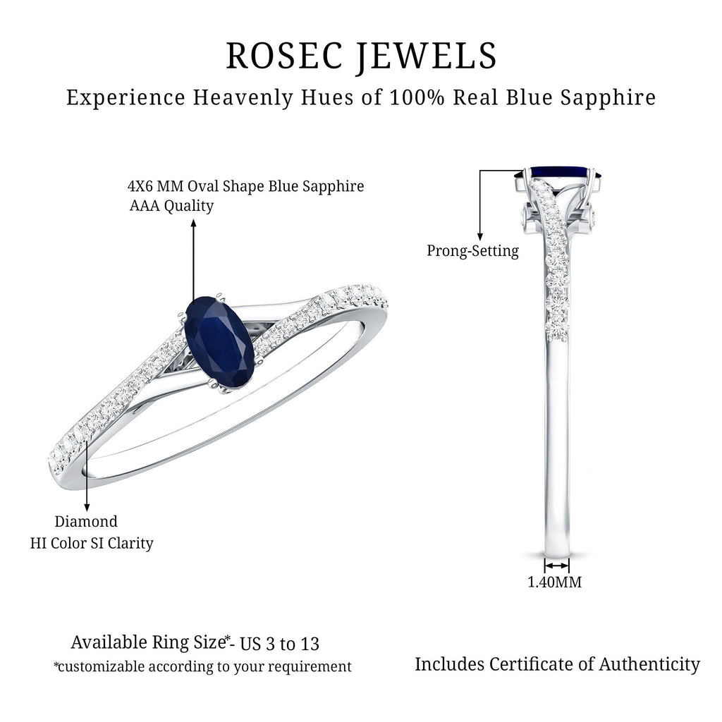 Blue Sapphire Engagement Ring Oval Split Shank Diamond Ring