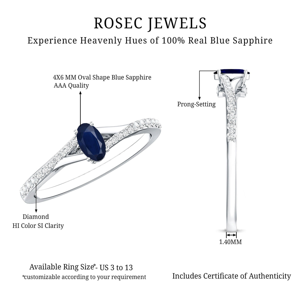 Blue Sapphire Engagement Ring Oval Split Shank Diamond Ring