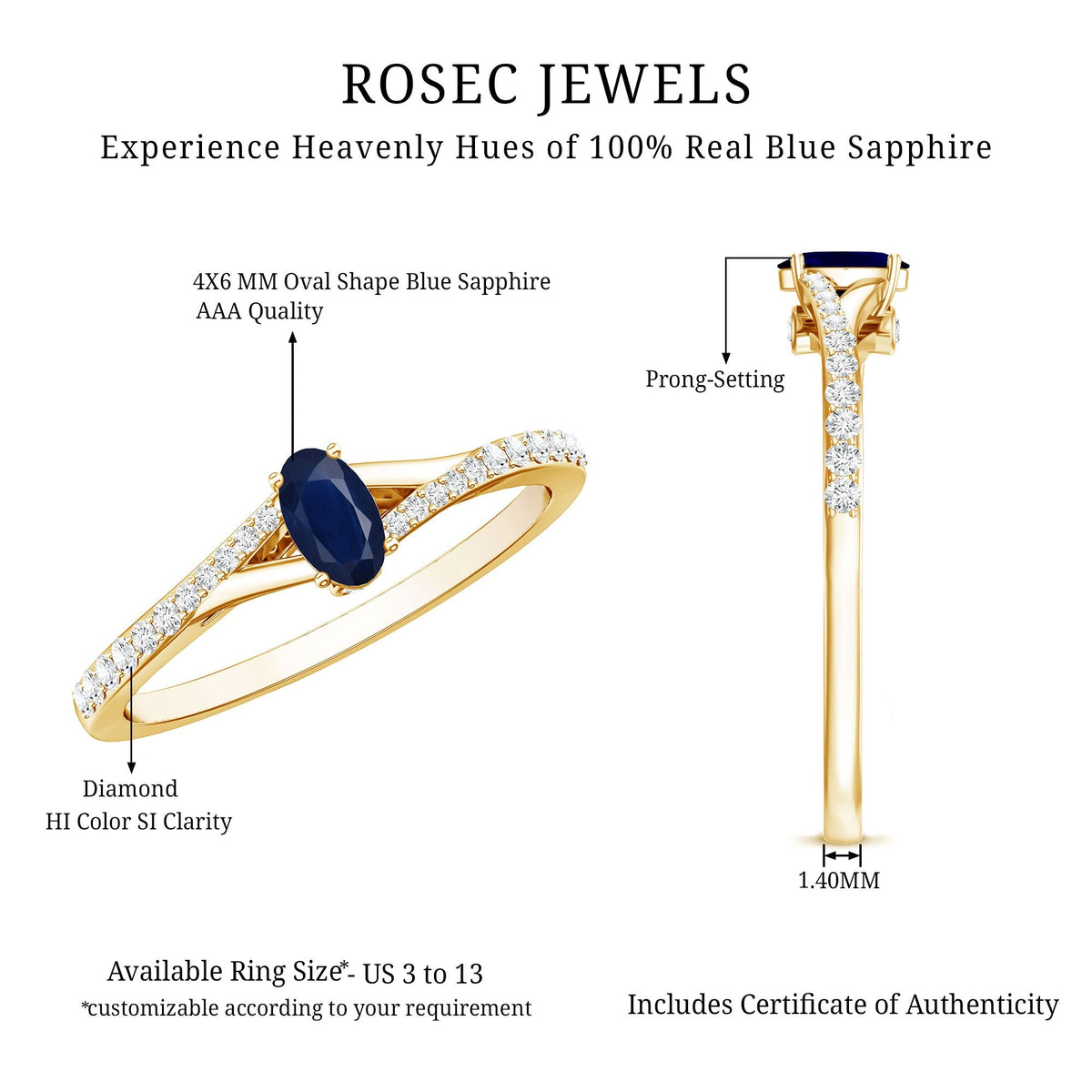Blue Sapphire Engagement Ring Oval Split Shank Diamond Ring