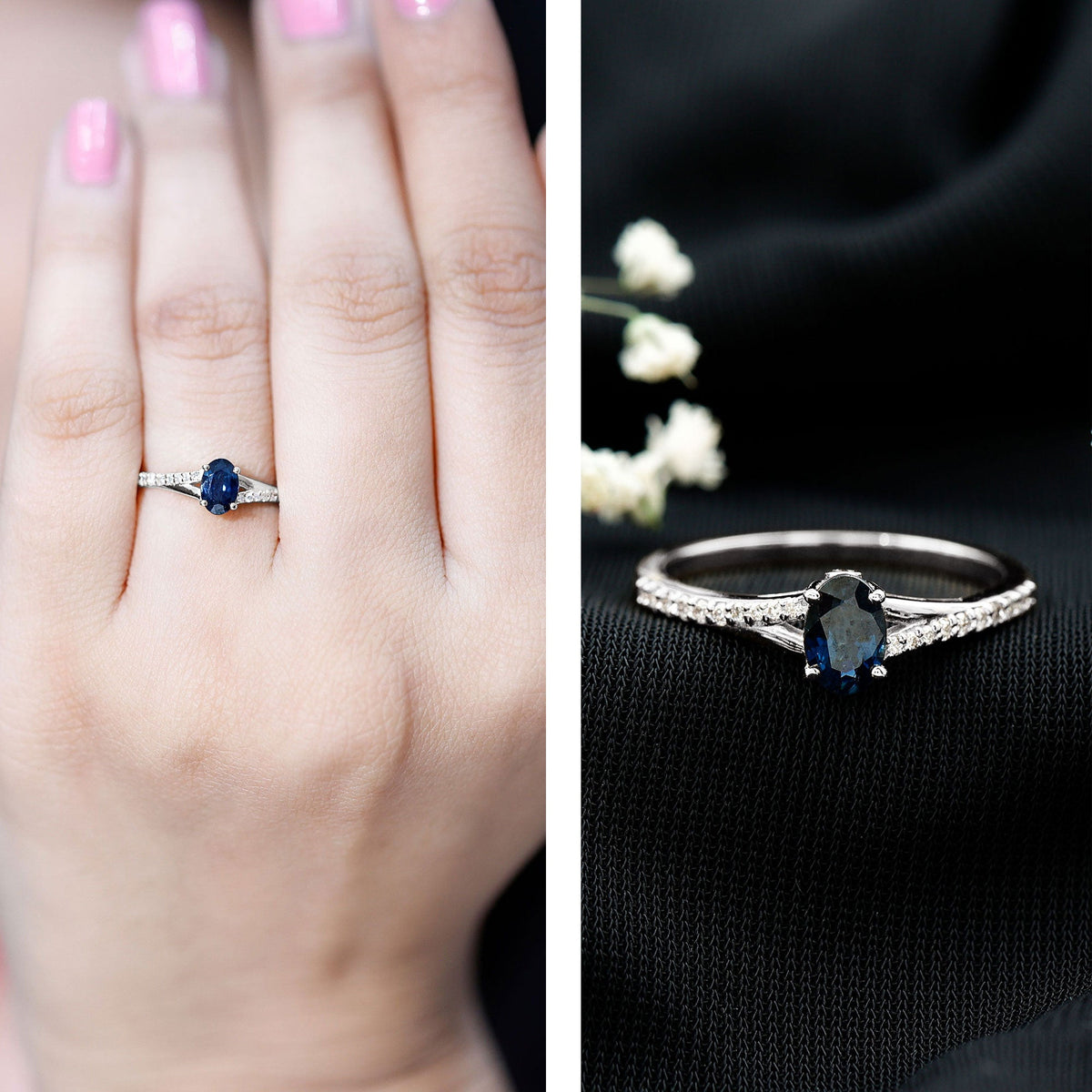 Blue Sapphire Engagement Ring Oval Split Shank Diamond Ring