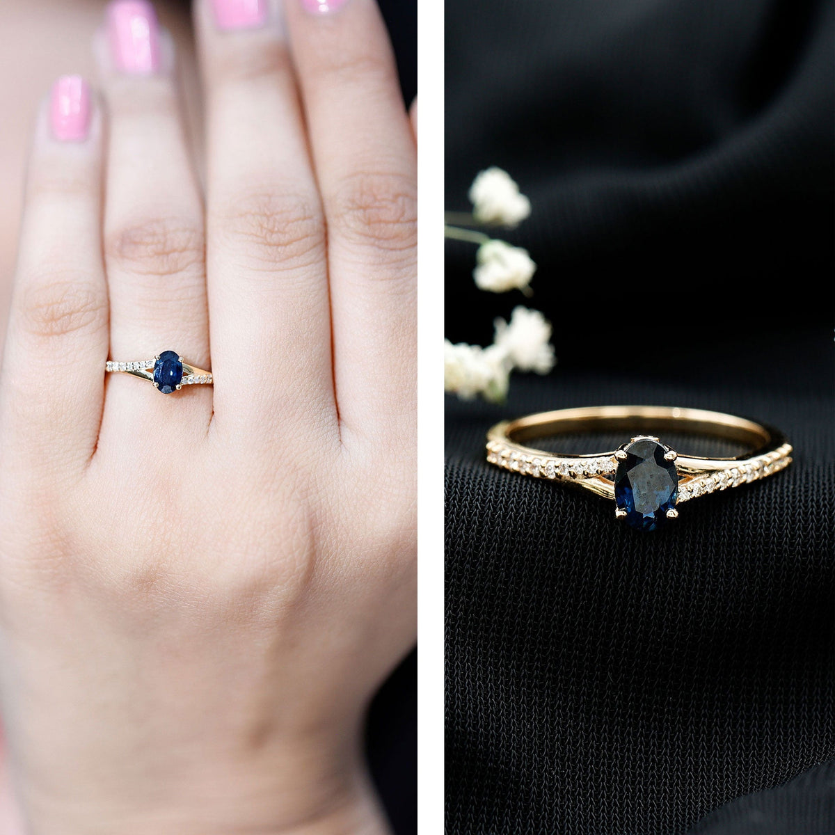 Blue Sapphire Engagement Ring Oval Split Shank Diamond Ring