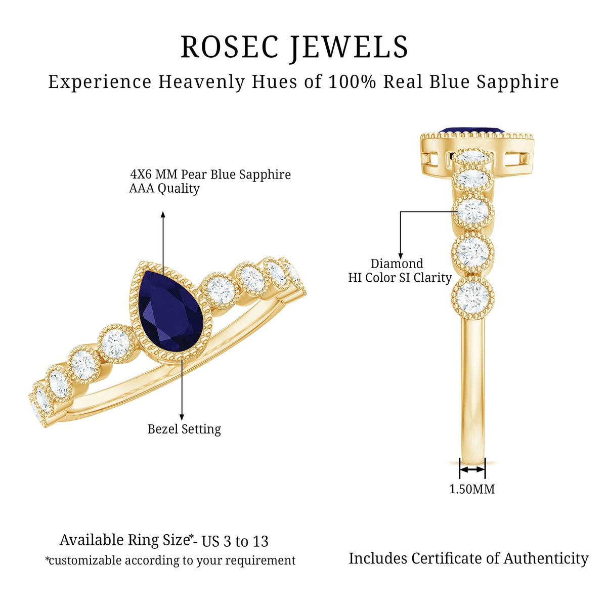 Blue Sapphire Engagement Ring Pear Cut Diamond Bezel Accent Ring