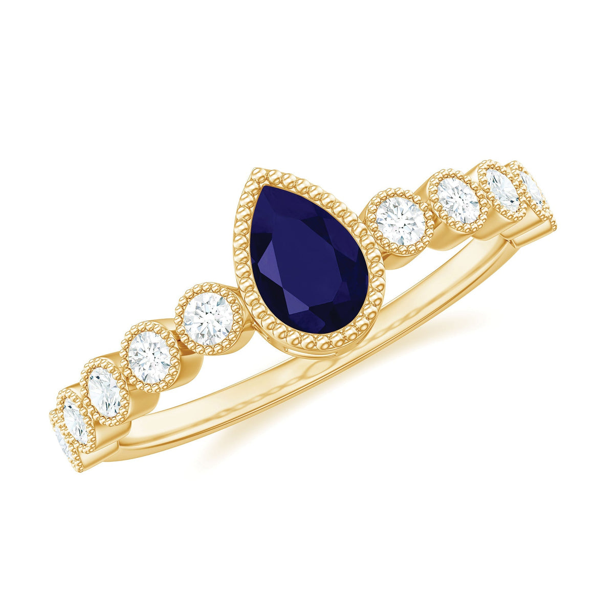 Blue Sapphire Engagement Ring Pear Cut Diamond Bezel Accent Ring