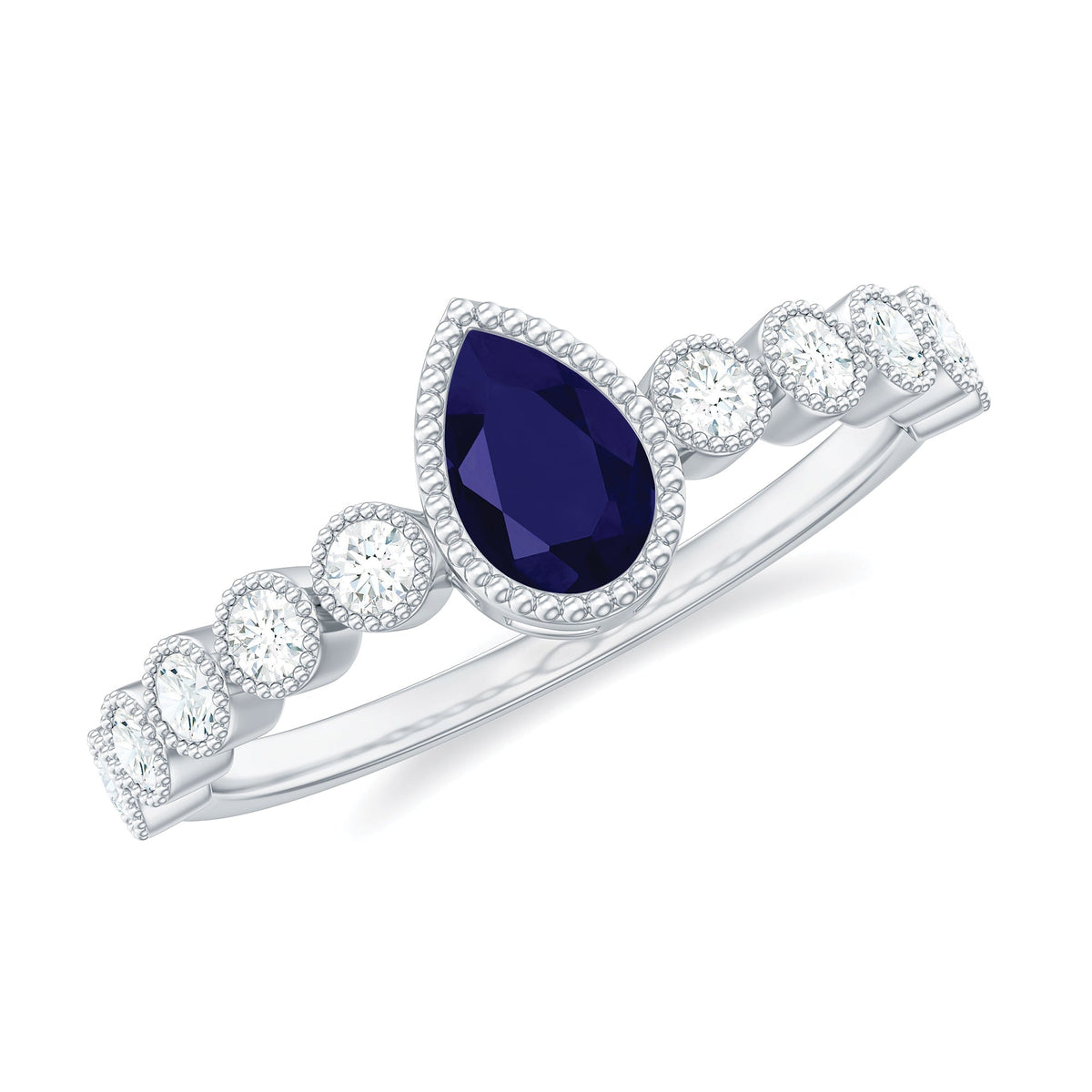 Blue Sapphire Engagement Ring Pear Cut Diamond Bezel Accent Ring