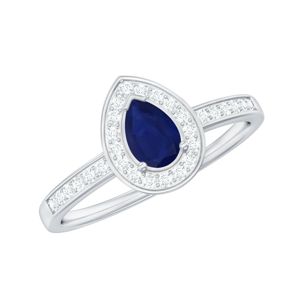 Blue Sapphire Engagement Ring, Pear Halo Diamond Ring, 0.53 Carat