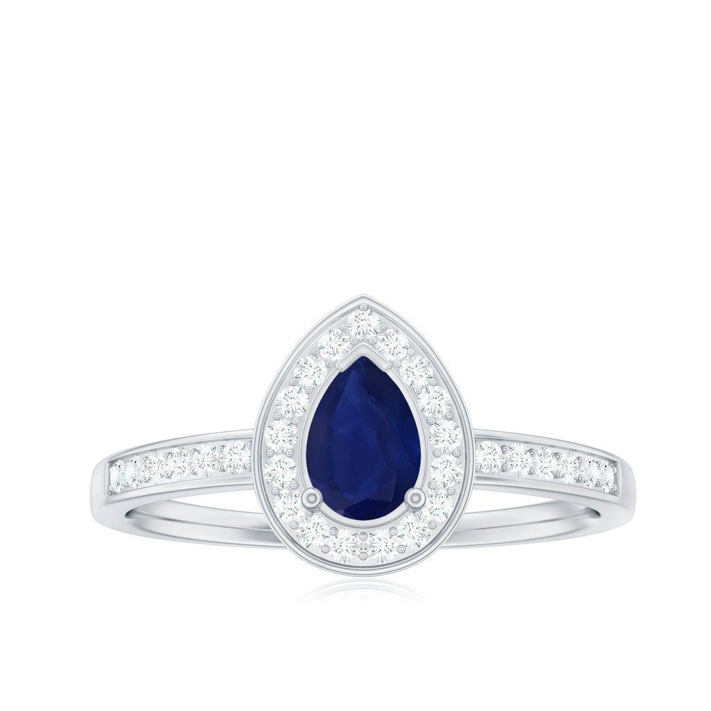 Blue Sapphire Engagement Ring, Pear Halo Diamond Ring, 0.53 Carat