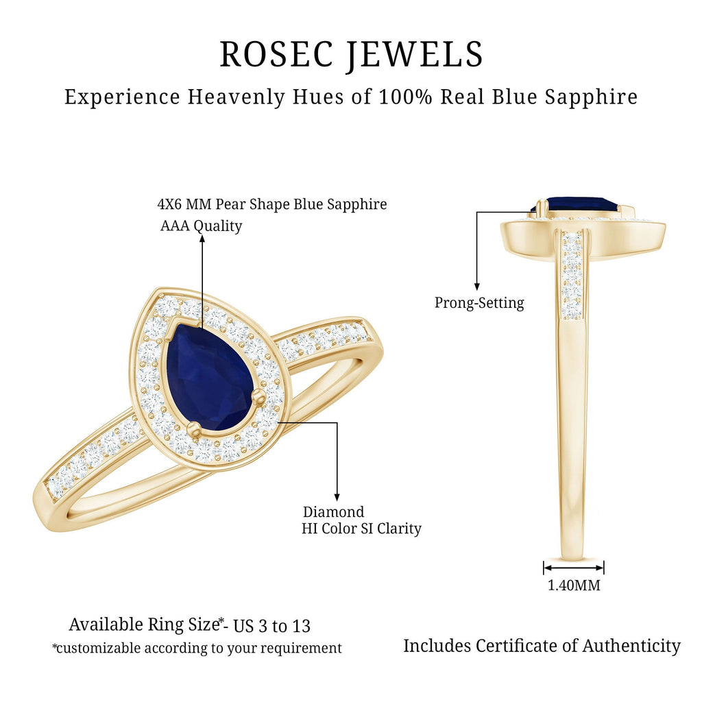 Blue Sapphire Engagement Ring, Pear Halo Diamond Ring, 0.53 Carat