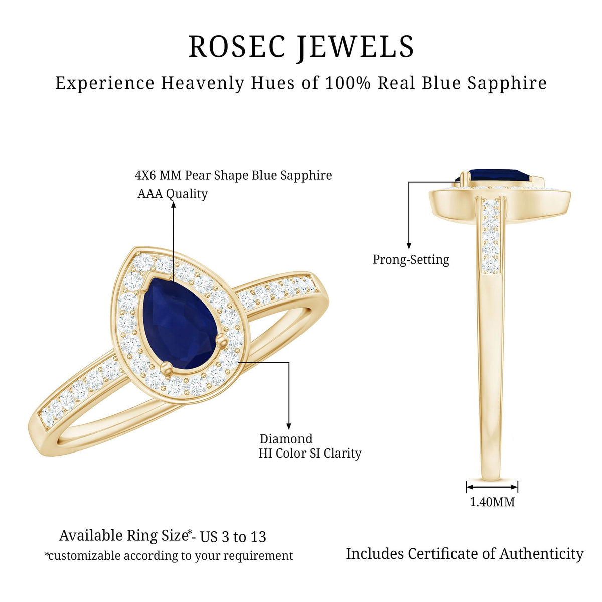 Blue Sapphire Engagement Ring, Pear Halo Diamond Ring, 0.53 Carat