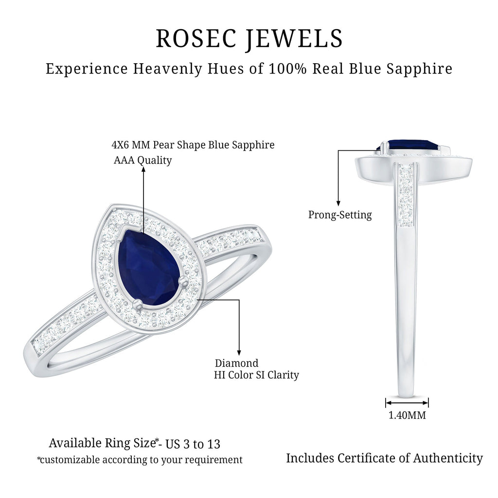 Blue Sapphire Engagement Ring, Pear Halo Diamond Ring, 0.53 Carat