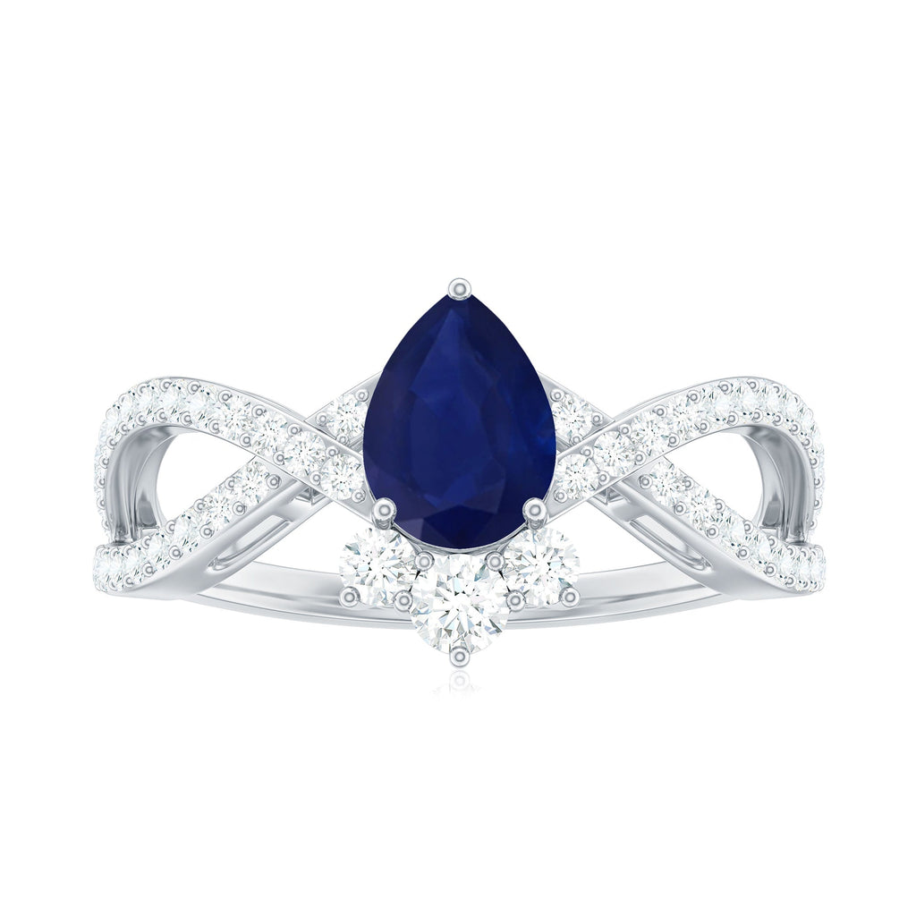 Blue Sapphire Engagement Ring, Pear Shape Diamond Crossover Ring