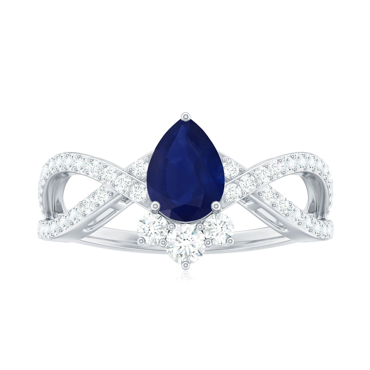 Blue Sapphire Engagement Ring, Pear Shape Diamond Crossover Ring
