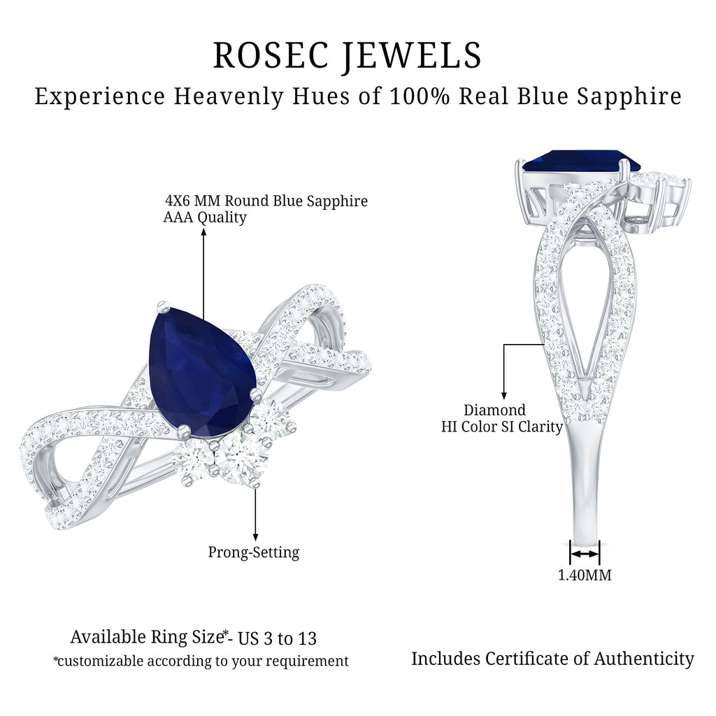Blue Sapphire Engagement Ring, Pear Shape Diamond Crossover Ring
