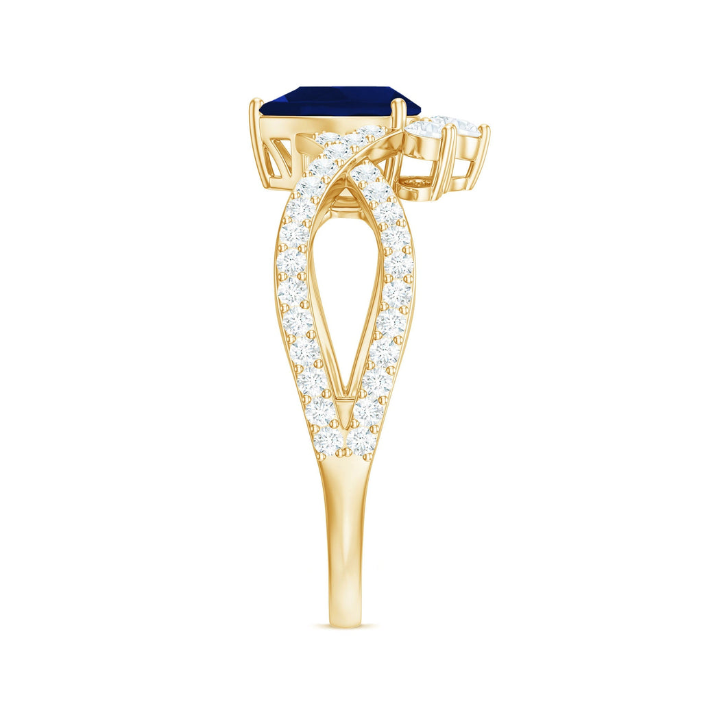 Blue Sapphire Engagement Ring, Pear Shape Diamond Crossover Ring