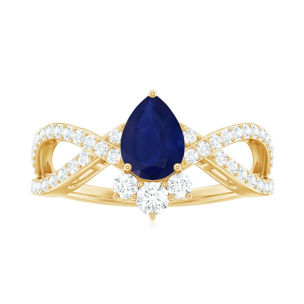 Blue Sapphire Engagement Ring, Pear Shape Diamond Crossover Ring