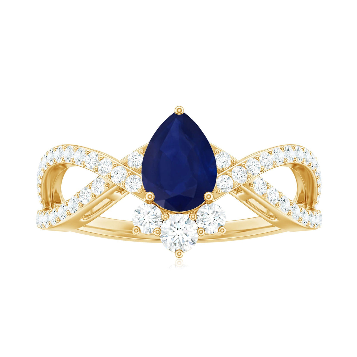 Blue Sapphire Engagement Ring, Pear Shape Diamond Crossover Ring