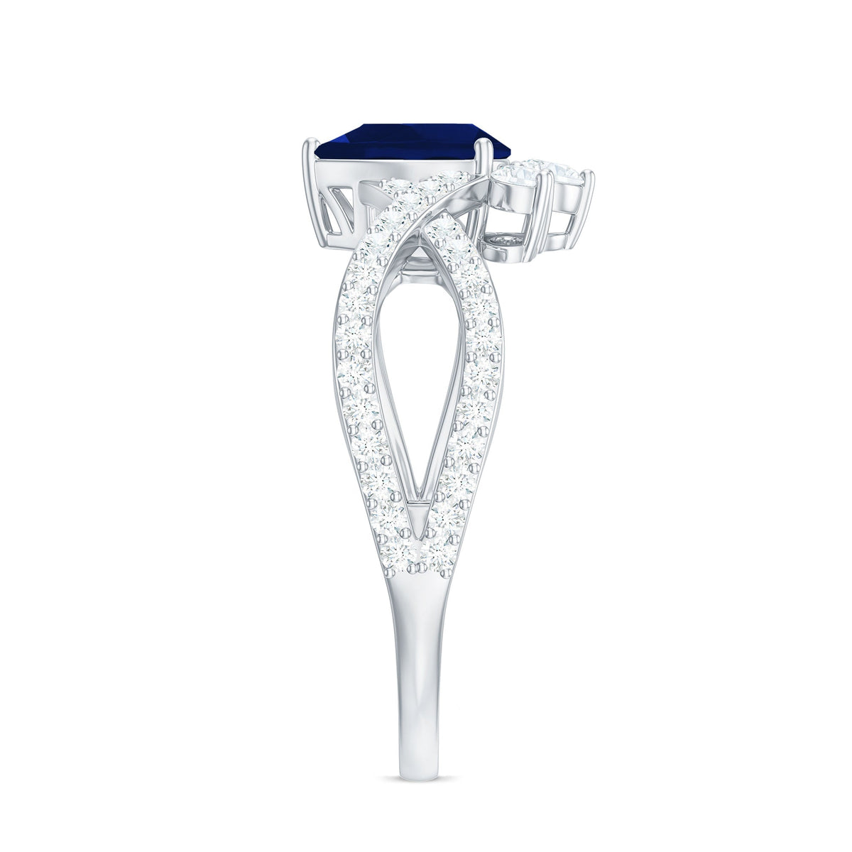 Blue Sapphire Engagement Ring, Pear Shape Diamond Crossover Ring