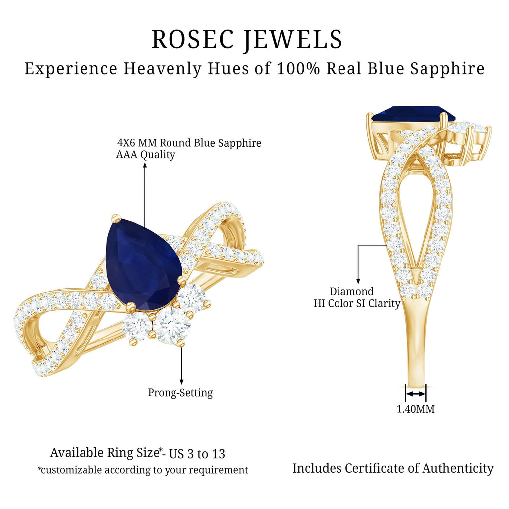 Blue Sapphire Engagement Ring, Pear Shape Diamond Crossover Ring
