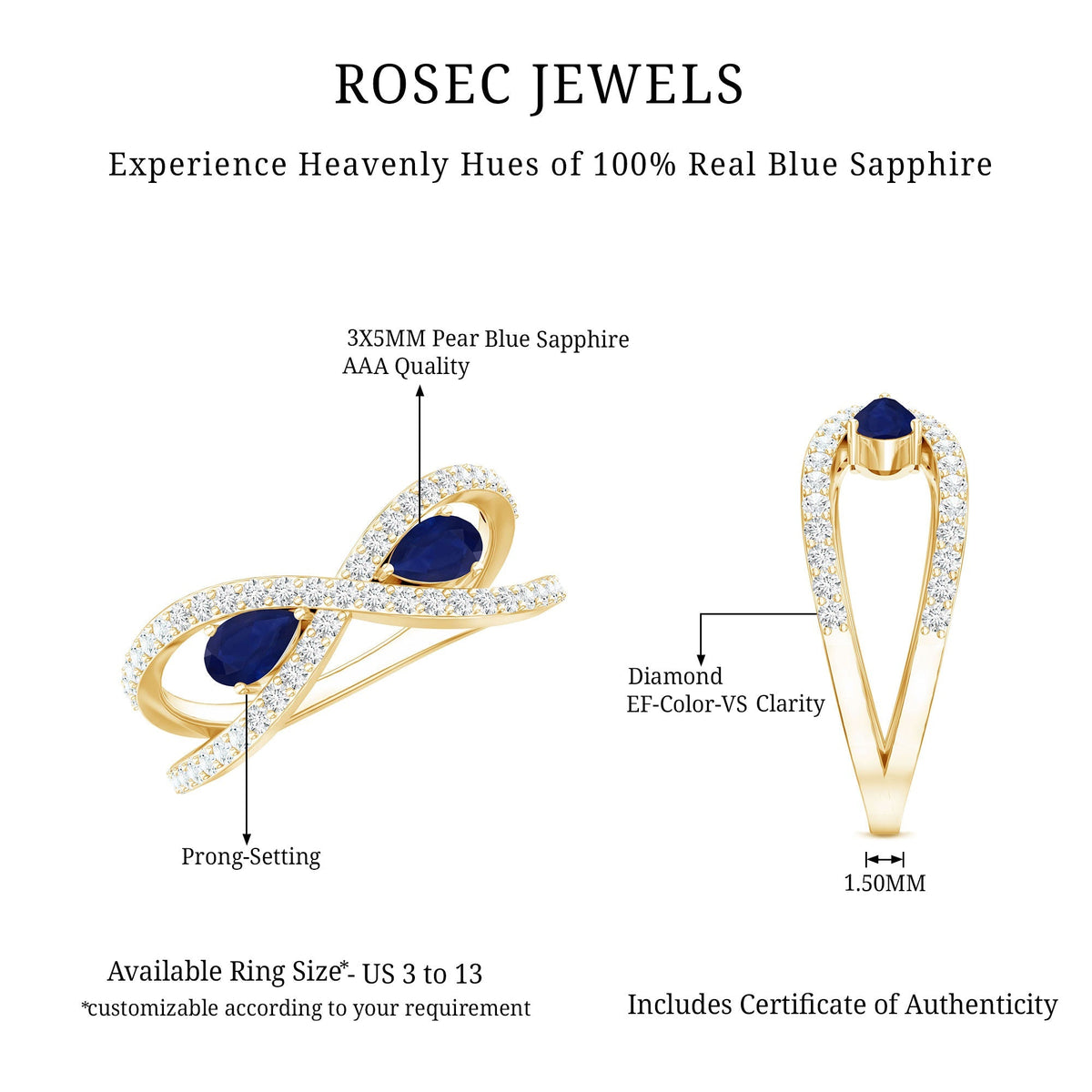 Blue Sapphire Engagement Ring, Pear Shape Toi Et Moi Diamond