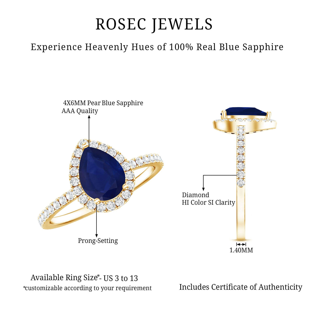 Blue Sapphire Engagement Ring, Pear Shaped Diamond Halo