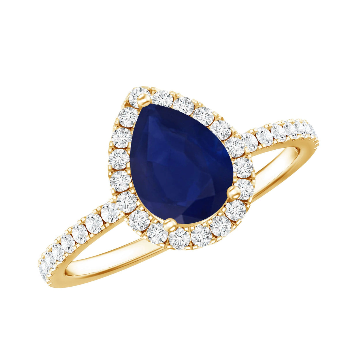 Blue Sapphire Engagement Ring, Pear Shaped Diamond Halo