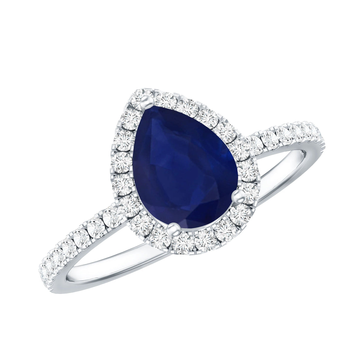 Blue Sapphire Engagement Ring, Pear Shaped Diamond Halo