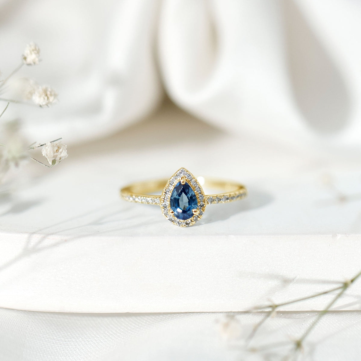 Blue Sapphire Engagement Ring, Pear Shaped Diamond Halo Ring