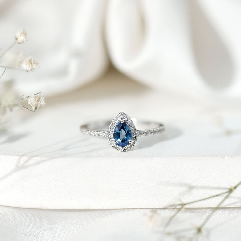 Blue Sapphire Engagement Ring, Pear Shaped Diamond Halo Ring