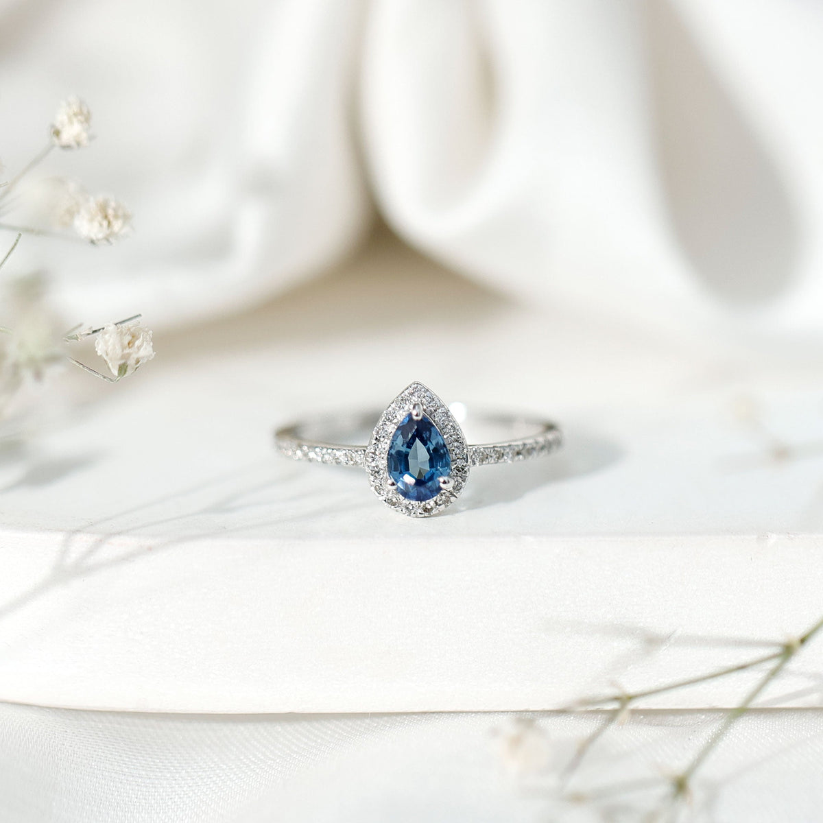 Blue Sapphire Engagement Ring, Pear Shaped Diamond Halo Ring