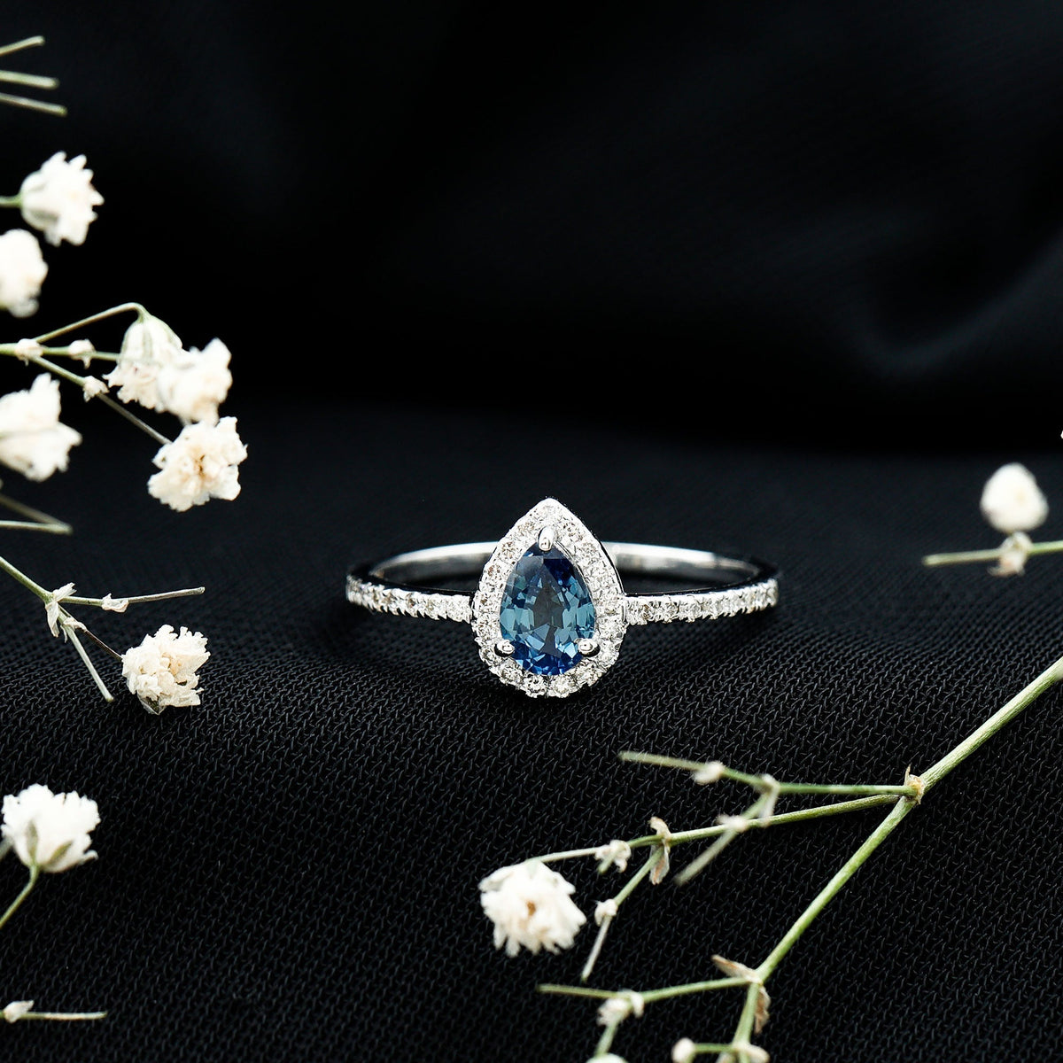 Blue Sapphire Engagement Ring, Pear Shaped Diamond Halo Ring