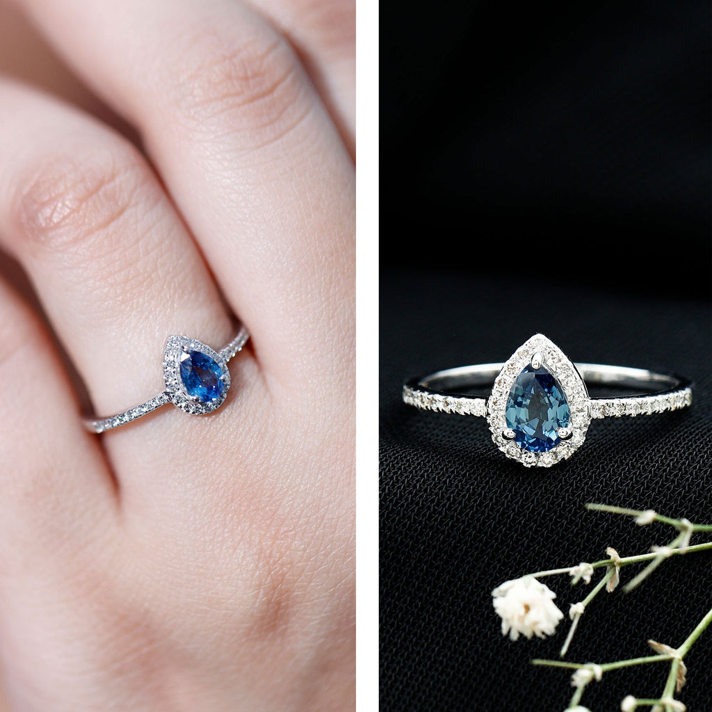 Blue Sapphire Engagement Ring, Pear Shaped Diamond Halo Ring