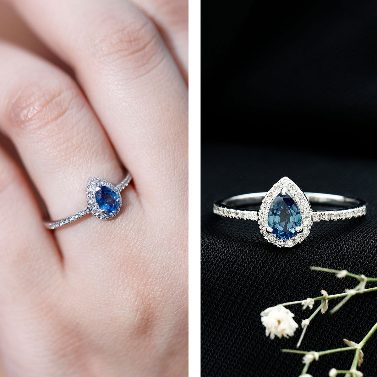 Blue Sapphire Engagement Ring, Pear Shaped Diamond Halo Ring