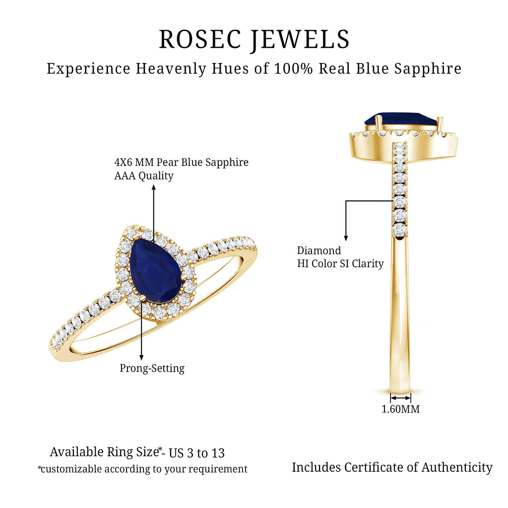 Blue Sapphire Engagement Ring, Pear Shaped Diamond Halo Ring