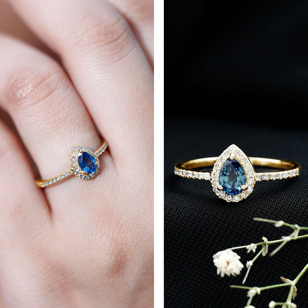 Blue Sapphire Engagement Ring, Pear Shaped Diamond Halo Ring