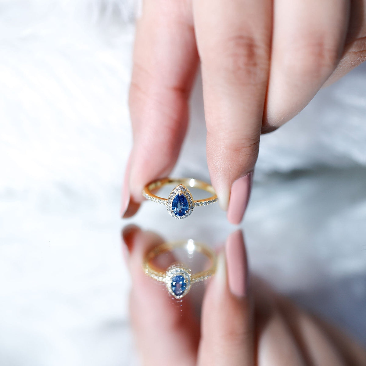 Blue Sapphire Engagement Ring, Pear Shaped Diamond Halo Ring