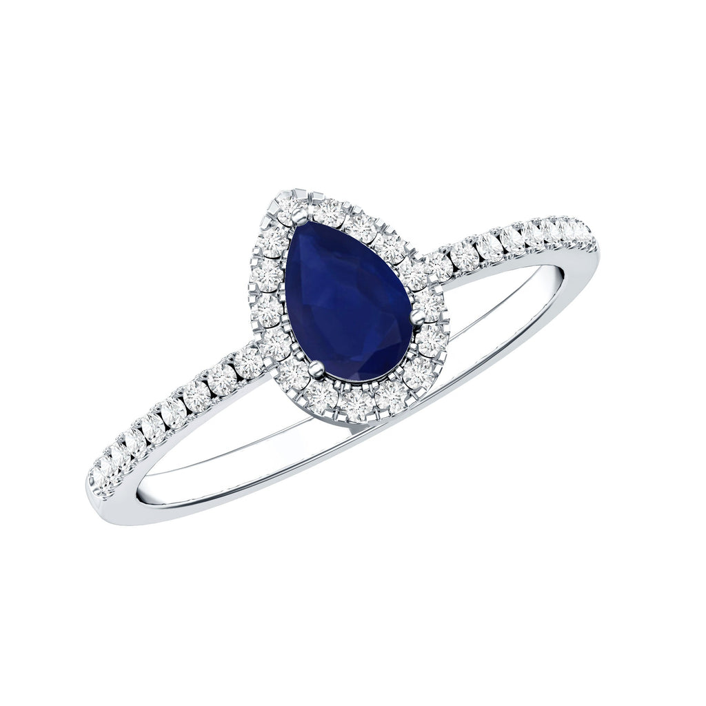 Blue Sapphire Engagement Ring, Pear Shaped Diamond Halo Ring