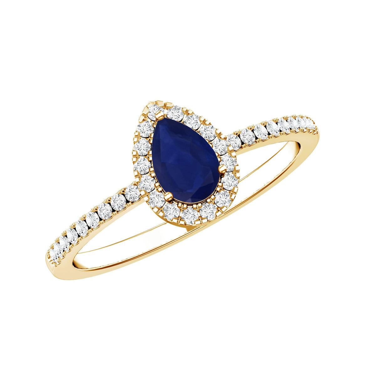 Blue Sapphire Engagement Ring, Pear Shaped Diamond Halo Ring